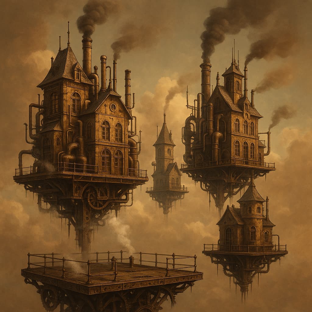 Steampunk cityscape with industrial architecture